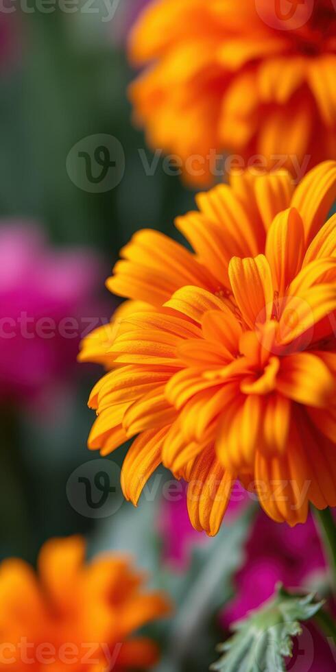 Bright orange flower in bloom surrounded by pink blossoms in a vibrant garden during spring season photo