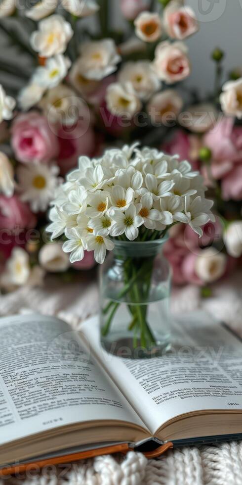 White flowers in a clear vase resting on an open book with a blurred floral background creating a serene atmosphere photo