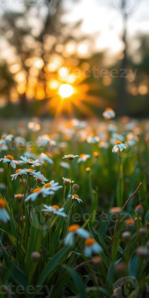 Sunlight illuminating a field of daisies at sunset in a serene natural landscape photo