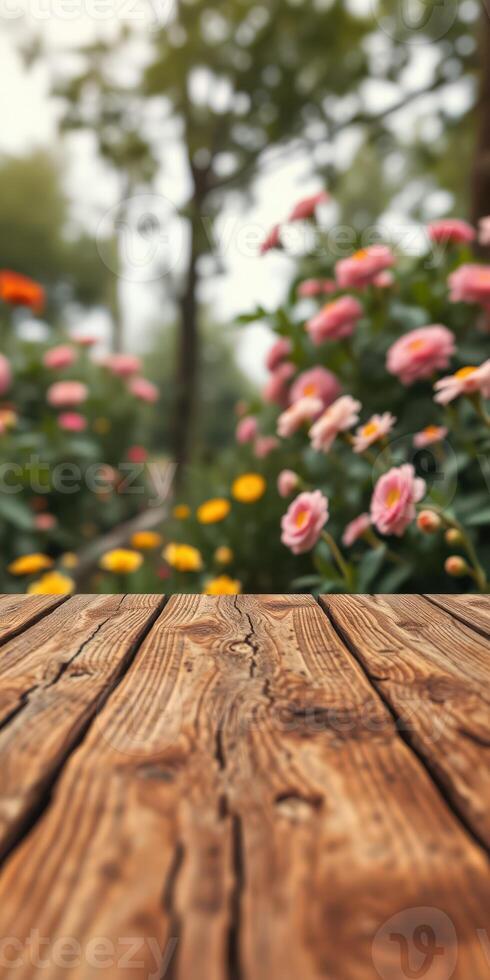 Wooden table with vibrant flowers in a garden during a bright afternoon photo