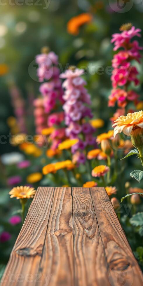 Colorful flowers bloom in a vibrant garden setting with a wooden table in the foreground photo