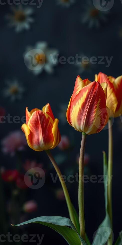 Bright tulips with vivid colors bloom against a dark floral backdrop in a tranquil setting photo