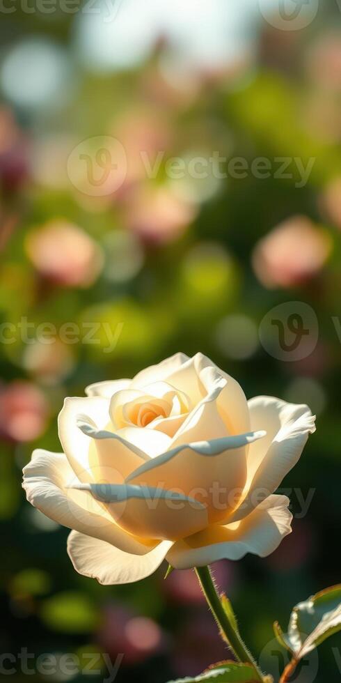 Beautiful white rose blooming in vibrant garden during sunny day with soft bokeh background photo