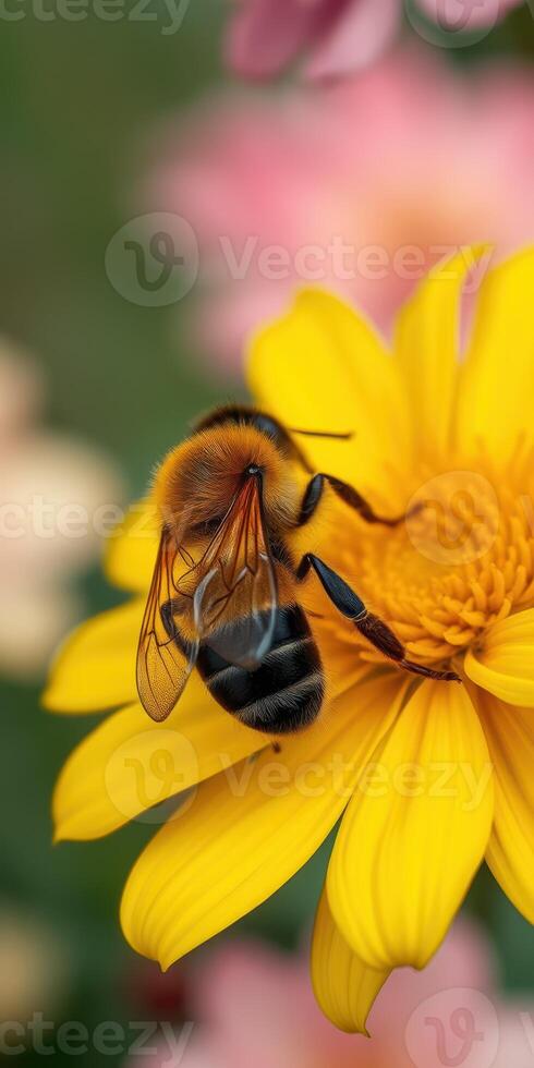 Close-up view of a bee collecting nectar from a vibrant yellow flower in a natural garden setting during daytime photo
