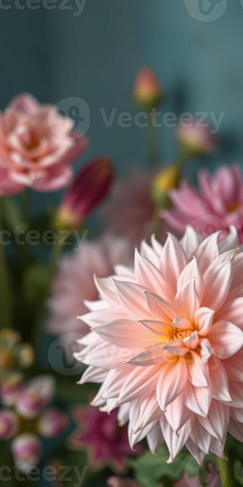 Beautiful pink and white blossoms arranged creatively against a soft blue backdrop in a serene floral display photo