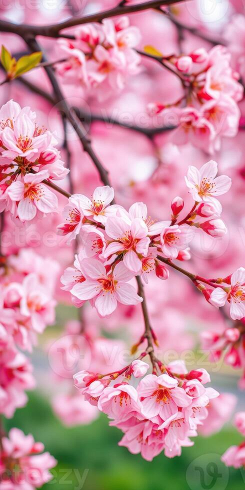 Spring blossoms decorate branches in a vibrant display of pink flowers during a sunny day in a serene park setting photo