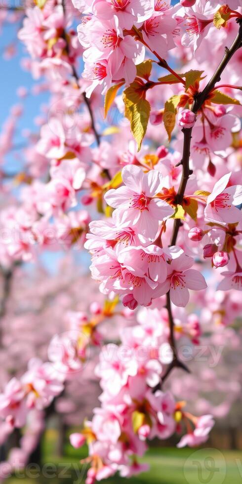 Blossoming cherry trees create a vibrant display of pink flowers in a spring park photo