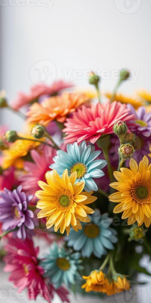 Colorful bouquet of flowers with vibrant petals arranged beautifully in a vase on a table photo