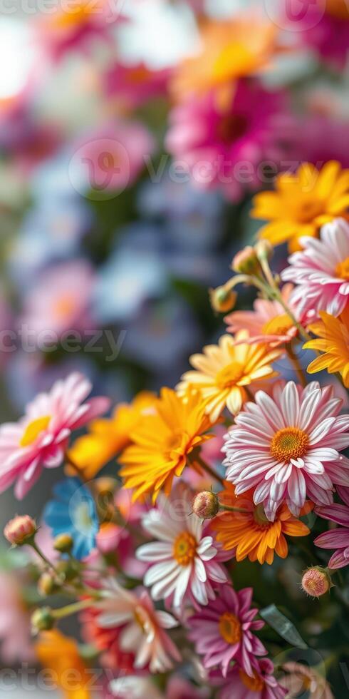 Vibrant bouquet of multicolored flowers arranged beautifully in a lush garden setting photo