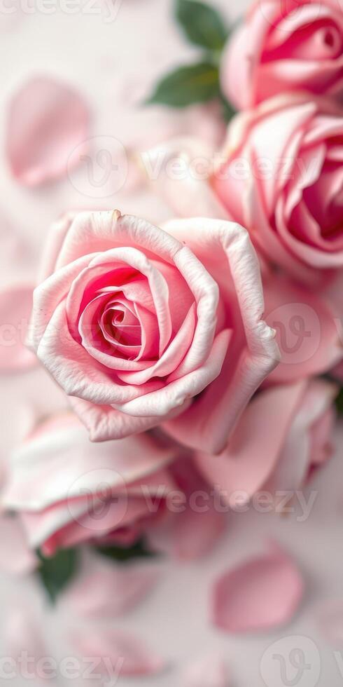 Beautiful pink roses arranged elegantly with delicate petals on a soft background photo