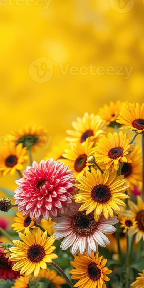 Colorful arrangement of flowers with yellow background in a garden during sunny weather photo