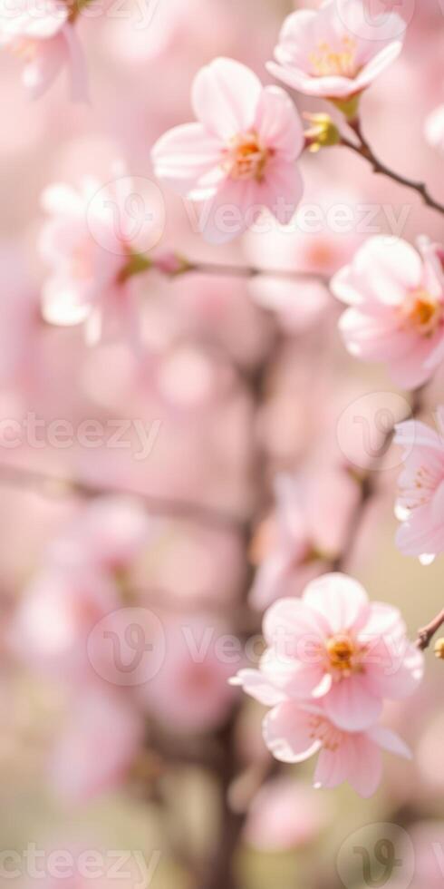 Pink cherry blossoms bloom softly in a spring garden under warm sunlight creating a tranquil atmosphere photo