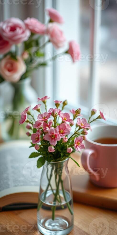 Beautiful pink flowers in a vase with a cup of tea on a wooden table by the window in a cozy setting photo