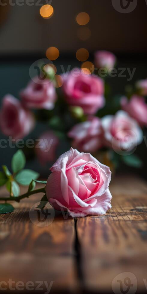 Beautiful pink roses on wooden table surrounded by blurred blooms in the background during soft evening light photo