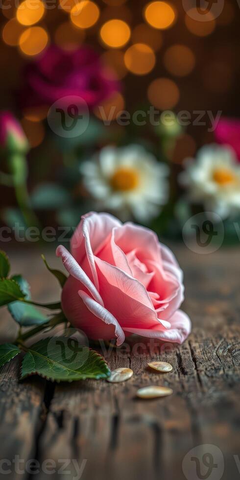 Soft pink rose with delicate petals and background flowers on rustic wooden table with blurred bokeh lights photo