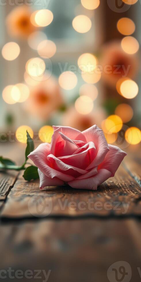 Beautiful pink rose with soft bokeh lights in the background, creating a serene atmosphere photo