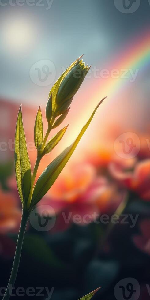Blooming flower against vibrant background with rainbow and soft focused flora during golden hour photo
