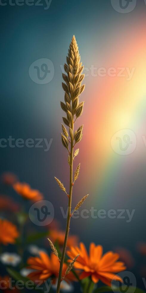 Fascinating close-up of a delicate plant reaching towards a colorful light source at sunset in a serene garden setting photo