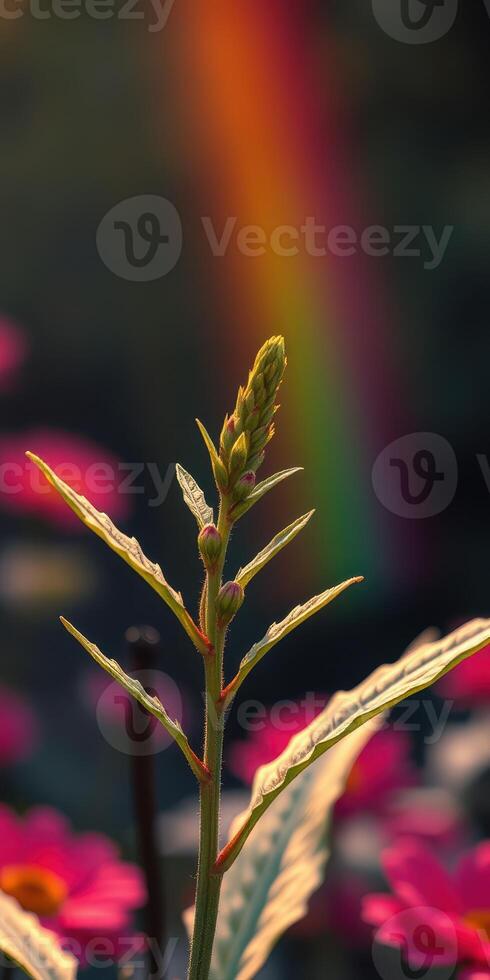Close-up of a green plant sprouting in a colorful garden with sunlight and a faint rainbow background photo