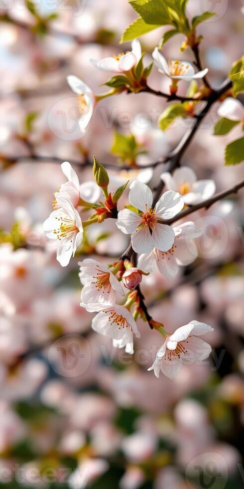 Cherry blossom trees in full bloom showcasing delicate white and pink flowers during springtime photo