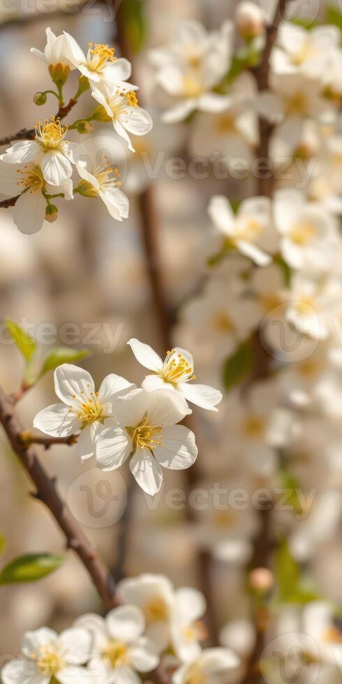 Blossoming white flowers on branches in spring, showcasing nature's beauty in a serene setting photo