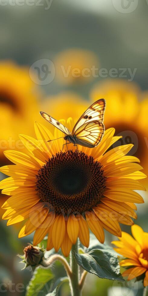 Butterfly resting on sunflower at a bright summer day in a blooming garden photo