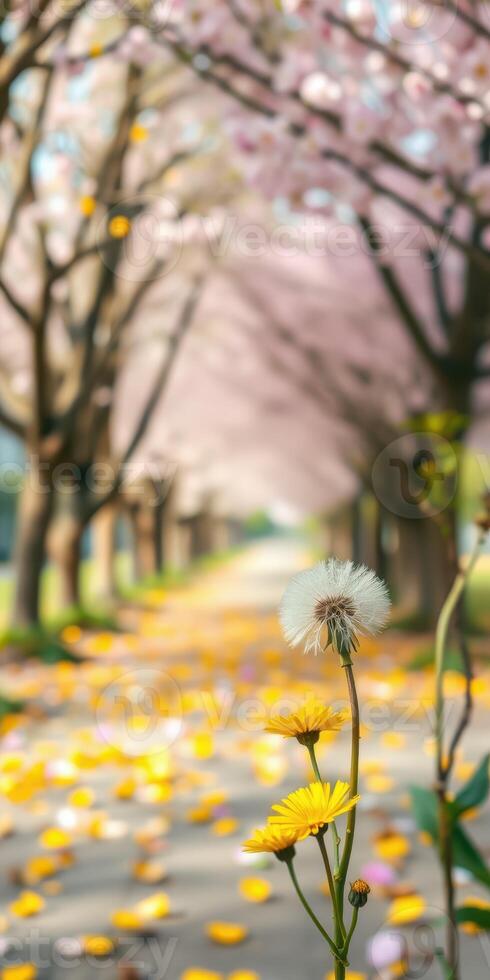 Cherry blossom pathway lined with yellow flowers during springtime in a serene park setting photo