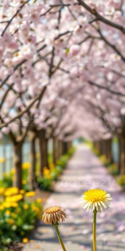 Blossoming cherry trees create a picturesque pathway with vibrant flowers under clear blue sky photo