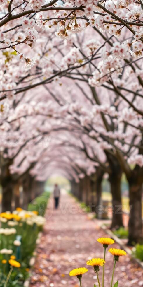 Cherry blossom trees create a beautiful pathway in spring with vibrant flowers and a person walking in the distance photo
