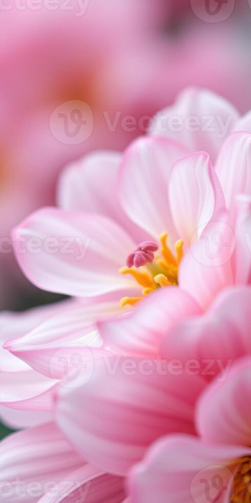Delicate pink flower blooms in soft focus showcasing intricate petals and vibrant yellow center during spring season photo
