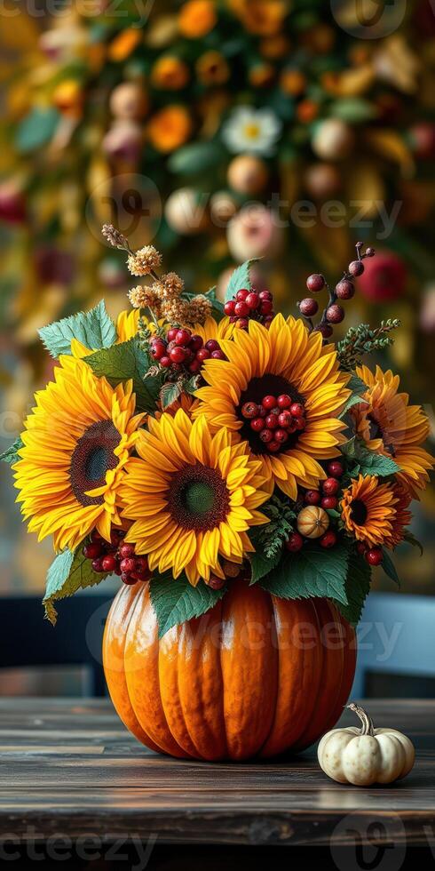 Vibrant sunflower arrangement in a pumpkin vase captures autumn's charm and warmth during a cozy indoor gathering photo