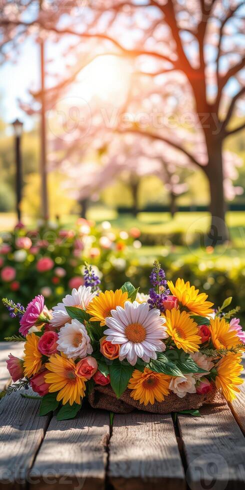 Vibrant flower arrangement on a wooden table in a sunlit park during springtime photo