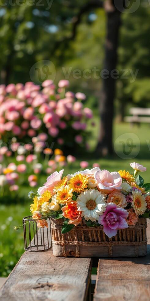 Colorful flower arrangement in a sunny park with blooming roses in the background photo