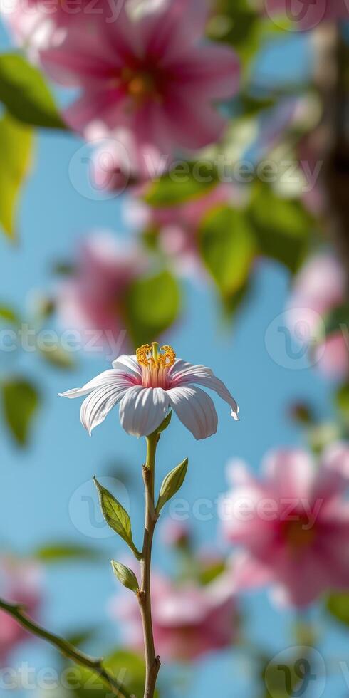 Beautiful blooming flower against a bright blue sky in a vibrant garden during springtime photo