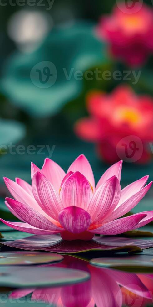 Pink lotus flower blossoms in serene pond surrounded by vibrant greenery and soft petals during a sunny day photo