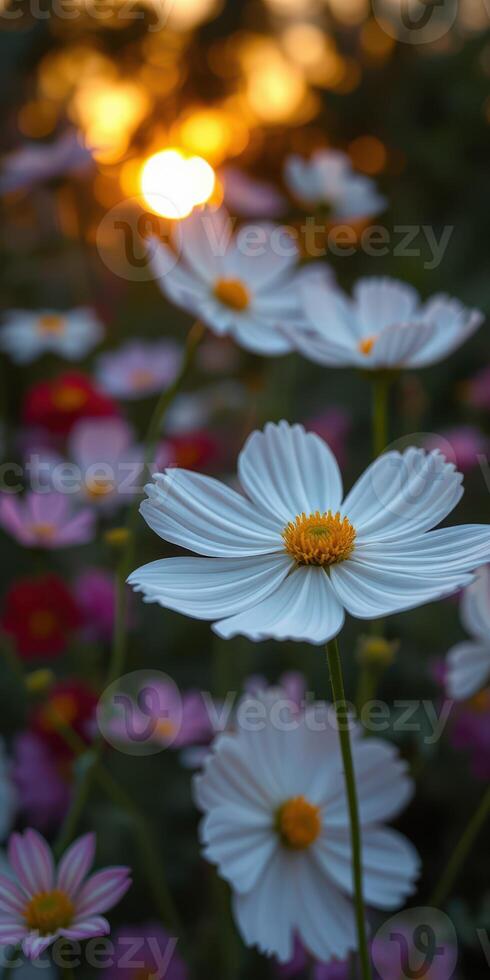 Colorful wildflowers bloom in a tranquil garden during sunset in a serene setting photo