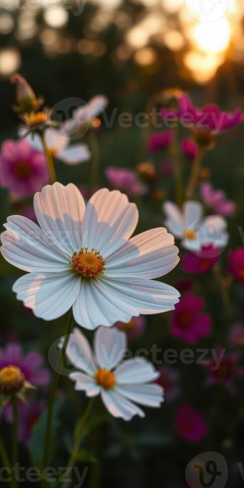 Colorful wildflowers bloom at sunset, creating a serene atmosphere in a vibrant meadow photo