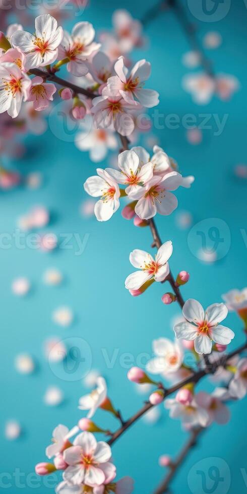 Delicate cherry blossom branch with pink flowers against a vibrant blue background in springtime bloom photo
