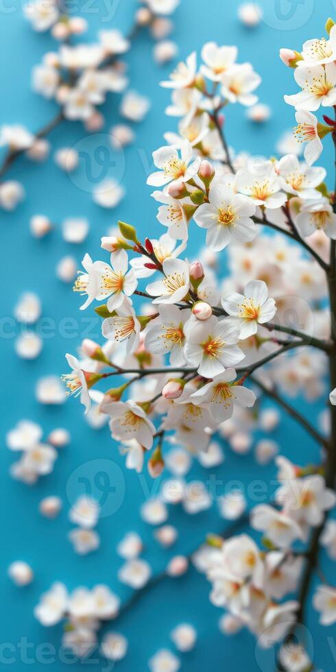 Cherry blossom branch with delicate white flowers against a vibrant blue background, adding a fresh and lively touch to any decor photo