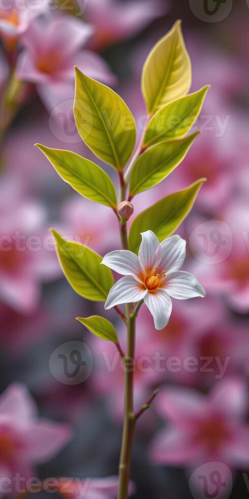 Blossoming white flower with green leaves surrounded by pink floral backdrop during daylight photo