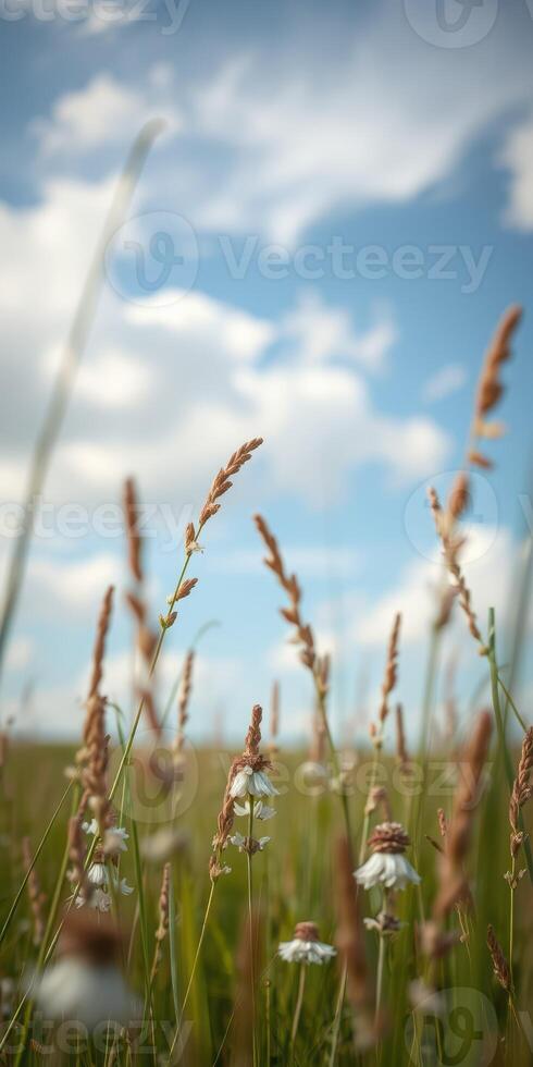 Tall grass sways gently in the breeze under a bright blue sky with fluffy clouds on a sunny day in a peaceful meadow photo