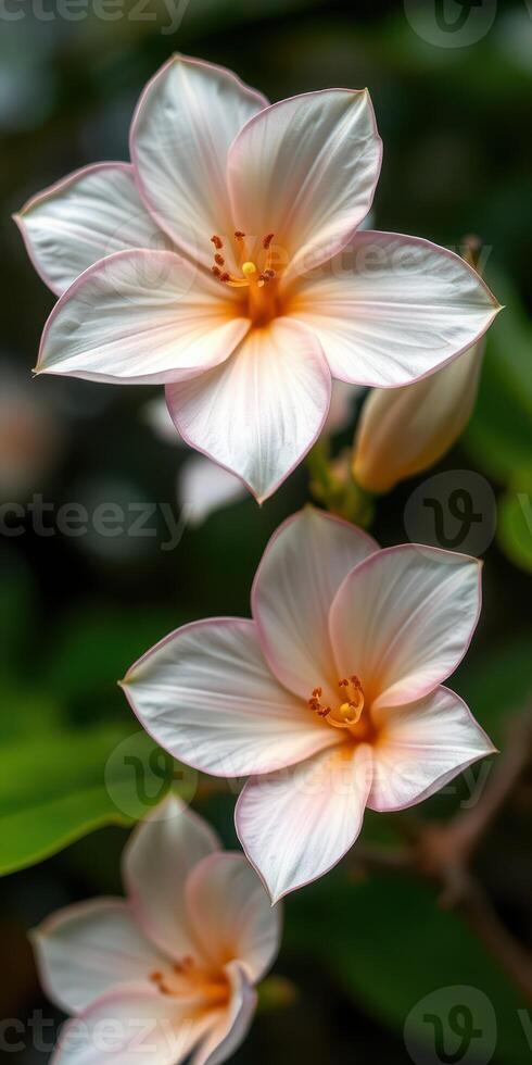 Beautiful white flowers with delicate pink edges blooming in a garden during springtime photo