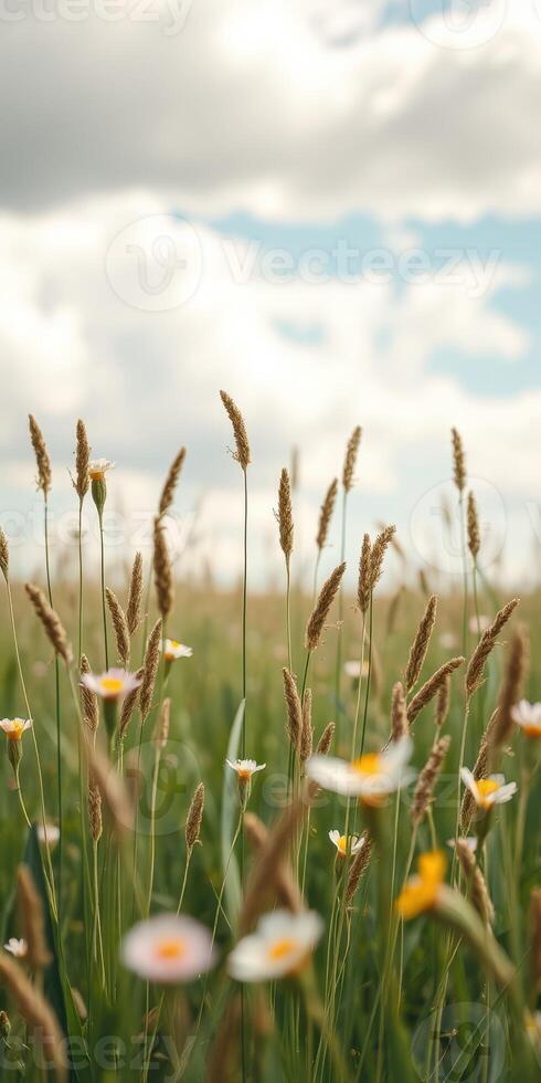 Beautiful wildflower meadow on a sunny day with gentle clouds in the sky photo