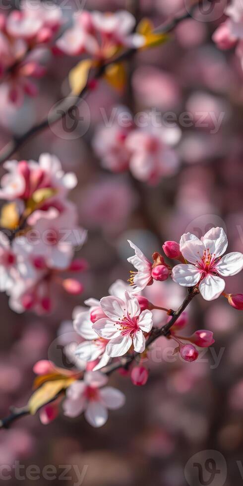 Beautiful cherry blossom branches display delicate pink and white flowers in springtime bloom along a tranquil garden path photo