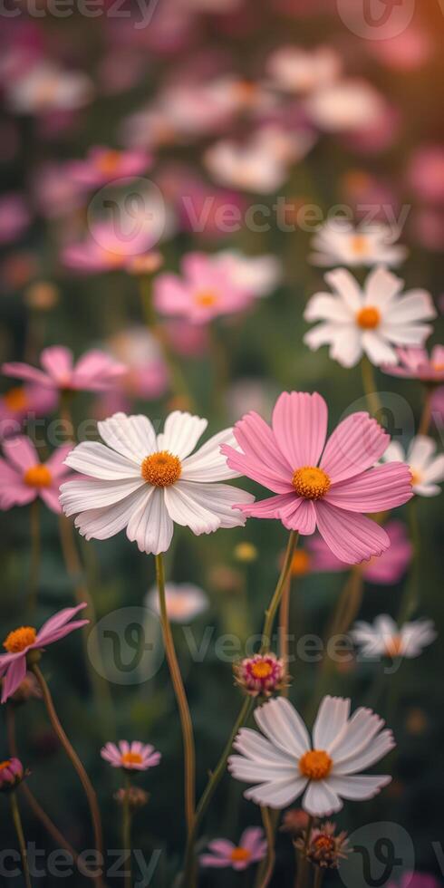 Vibrant cosmos flowers bloom in a serene garden at sunset in early spring photo
