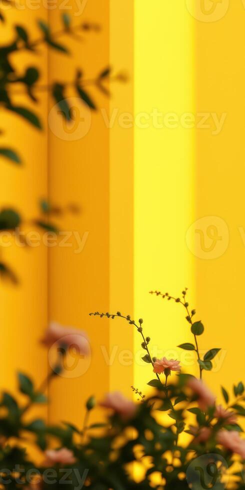Bright yellow background with blooming flowers and greenery enhances a vibrant atmosphere in an urban setting photo