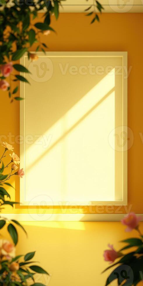 Bright room with yellow walls and sunlight illuminating a blank picture frame surrounded by flowers photo
