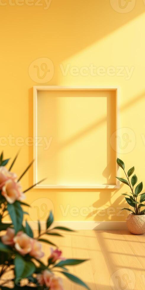 Bright yellow interior space featuring a minimalist empty frame and greenery complemented by natural sunlight photo