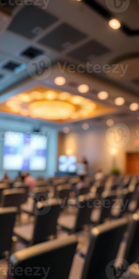Conference room ready for a business event with rows of empty chairs in a well-lit space photo