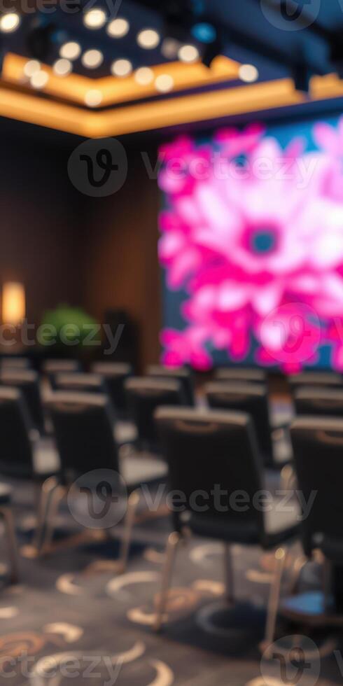 Elegant conference room with a vibrant floral backdrop, perfect for professional gatherings and presentations photo